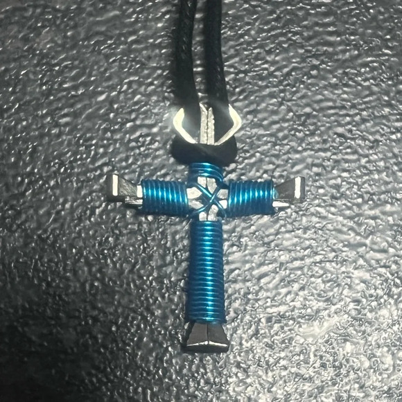 OOAK Blue and Silver Wire Cross Pendant in Long Black Rope Chain - Picture 2 of 4